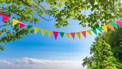 colorful pennant string decoration in green tree foliage on blue sky summer party background template banner with copy space - Powered by Adobe