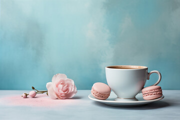 Pastel teacup filled with fluffy whipped cream, surrounded by colorful macarons on a blue surface, soft pink background. Concept: bakery or cafe promotions. - obrazy, fototapety, plakaty