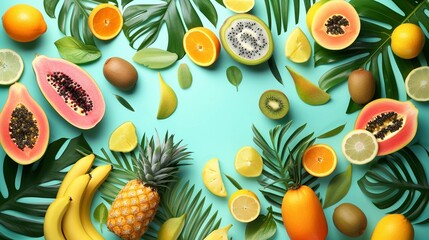 
Exotic fruits and tropical palm leaves on pastel turquoise background - papaya, mango, pineapple, banana, carambola, dragon fruit, kiwi, lemon, orange, melon, coconut, lime. Banner.