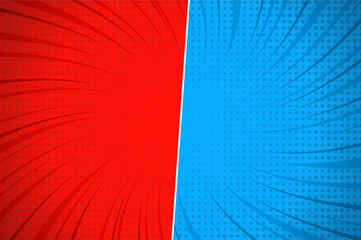 Flat design red comic style background. Pop art comic background lightning blast halftone dots. Pop comics book cartoon magazine cover. Cartoon funny retro pattern strip mockup. Split screen © Shuvro