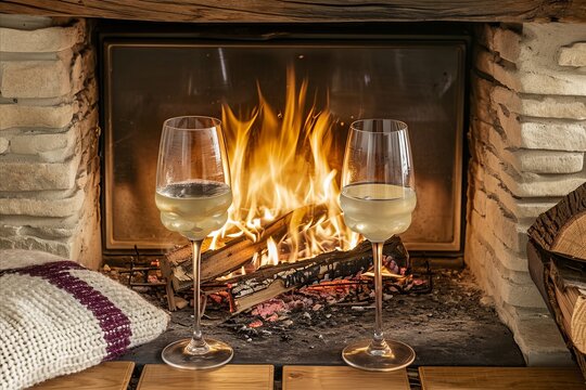 Two glasses of white wine on the background of a fireplace and a pillow