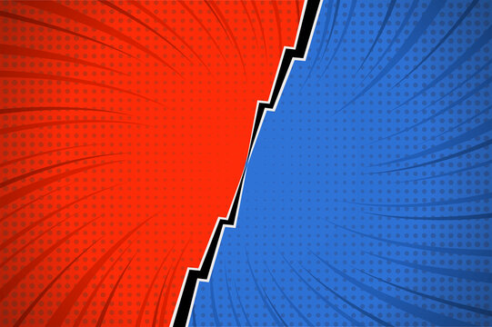 Flat design red comic style background. Pop art comic background lightning blast halftone dots. Pop comics book cartoon magazine cover. Cartoon funny retro pattern strip mockup. Split screen