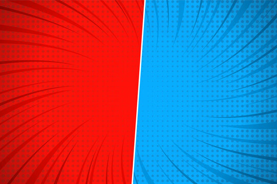 Flat design red comic style background. Pop art comic background lightning blast halftone dots. Pop comics book cartoon magazine cover. Cartoon funny retro pattern strip mockup. Split screen