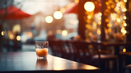 Blurred background of a restaurant, night bar or cafe. Wooden table, chairs, beautiful dark cozy lighting, bokeh lights. Abstract background