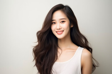 Fototapeta premium A cute Asian girl with perfect skin and long hair smiles on a plain light background. Concept of beauty, fashion, cosmetology, face and body care. Japanese woman model 