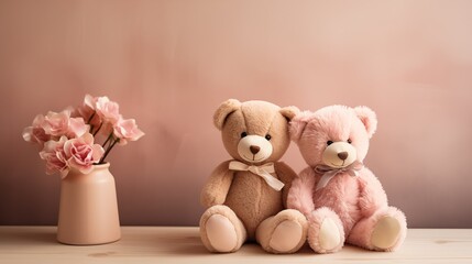 Beautiful teddy bears with flowers, tender background