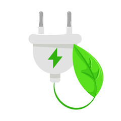 Socket plug and green leaf, green energy concept, alternative energy.