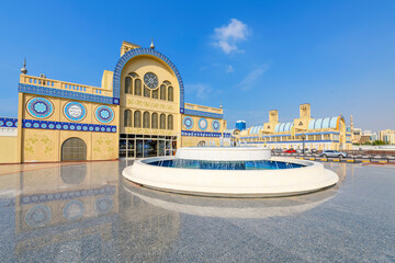 The blue tile trimmed facade of the Central Blue Souk, an iconic landmark and one of the city's...
