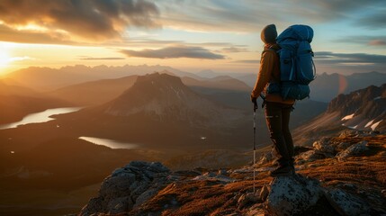 Hiker with a large backpack standing on a rocky peak, enjoying the breathtaking mountainous landscape at dusk.