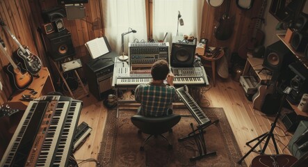 Overhead view of a musician in a cozy, wood-paneled home studio.