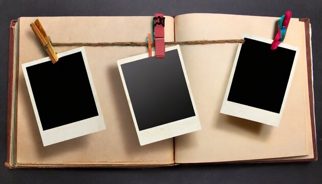 a vintage book page with blank photo frames attached with paper clips