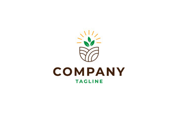 agriculture logo with glowing leaf plants and fields in line art design style