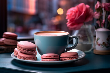 Coffee cup filled with creamy beverage beside three pink macarons on a teal table. Blurred cityscape in the background. Concept for cozy cafe ambiance or romantic evening.