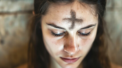 Humble woman with an ashen cross on her forehead in temple. Ash wednesday