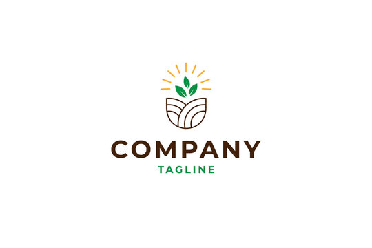 agriculture logo with glowing leaf plants and fields in line art design style