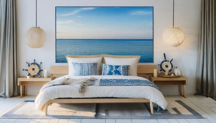 modern nautical bedroom interior wooden double bed with pillows abstract light blue sea landscape...