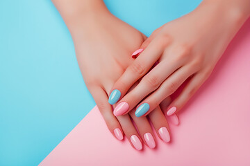 Fototapeta premium Female hands showcasing pastel stylish trendy manicure against a duotone blue and pink background