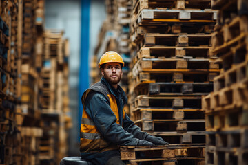 A man works in a large warehouse, raising pallets