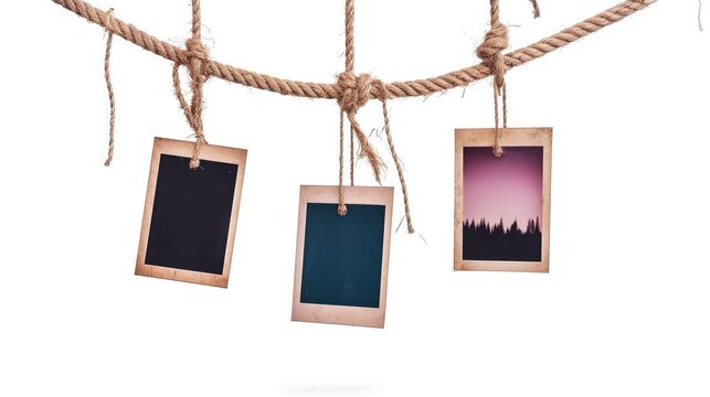 photos hanging on rope isolated on white background