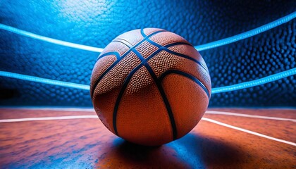 closeup detail of basketball ball texture background blue neon banner art concept