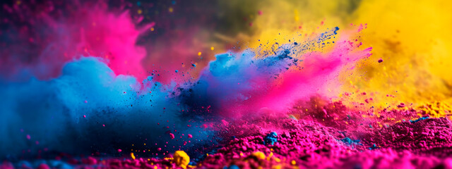 High-spirited crowd celebrating Holi with vibrant powder colors flying in the air, creating a dynamic and joyful scene. - obrazy, fototapety, plakaty
