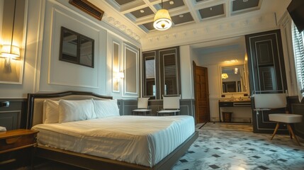 Spacious bedroom with neoclassical design elements, illuminated by soft lighting, showcasing comfort and style.