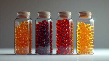 Brilliant colored pills in bottles with sunlight
