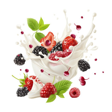 3d fresh summer cocktail, milk wave splash with forest berries. Realistic dairy drink flow with strawberry, blackberry, raspberry, green leaves and drops. Isolated on transparent background