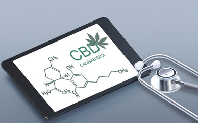 Cannabidiol CBD oil formula and marijuana leaves on tablet maniturer and stethoscope. Chemical...