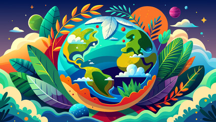 Globe surrounded by elements representing Earth Day's significance, Generative AI