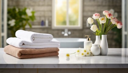 Fototapeta na wymiar towels on white table with copy space on blurred bathroom background
