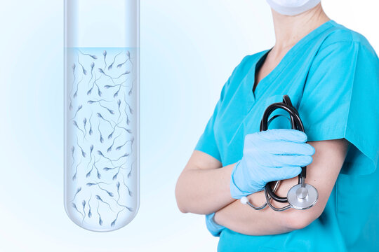 Test tube with spermatozoa and doctor in medical uniform. Men's health and spermogram, reproductive health. Blue gradient background. Medical poster.
