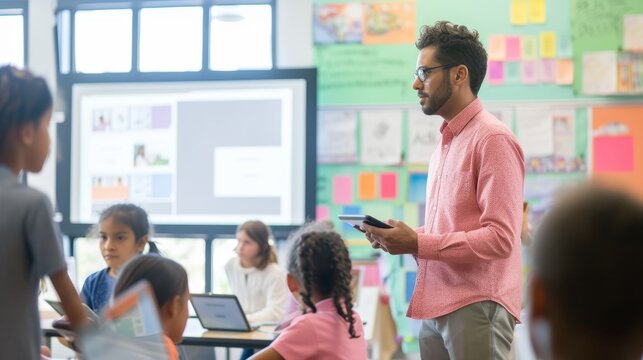 Teacher with digital tablet engaging with students in a vibrant classroom with interactive whiteboards.