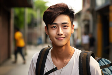 Portrait of positive asian man standing outdoors, walking in urban city area, looking and smiling at camera, free copy space