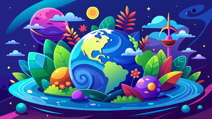 Globe surrounded by elements representing Earth Day's significance, Generative AI