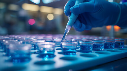 close up shot of scientist hands pipetting sample into dish for DNA testing in laboratory