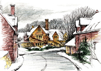 Colored pencils sketch illustration of street with houses in countryside.