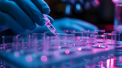 close up shot of scientist hands pipetting sample into dish for DNA testing in laboratory
