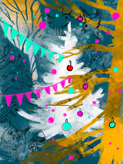 Digital illustration of new year holidays with christmas tree.