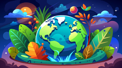 Globe surrounded by elements representing Earth Day's significance, Generative AI