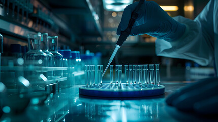 close up shot of scientist hands pipetting sample into dish for DNA testing in laboratory - obrazy, fototapety, plakaty