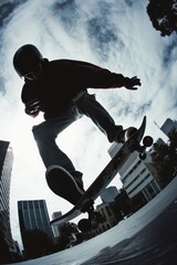Skateboarder against the sky performing a mid-air trick with an urban skyline backdrop.