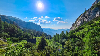 Fototapeta na wymiar Idyllic alpine meadow of Hauslalm with scenic view of Muerztal valley, Hochschwab mountains, Styria, Austria. Wanderlust in wilderness of Austrian Alps, Europe. Hiking trail in Obersteiermark, summer
