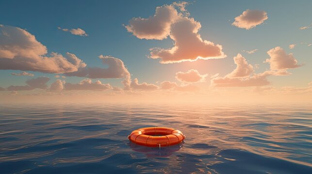 lifebuoy safety and rescue concept. Prevent drowning. An orange lifebuoy floats on the sea