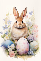 Easter rabbit with Easter eggs and spring flowers around watercolor illustration. Generative AI.