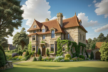 "Rural Retreat: A Serene Landscape with a Charming Cottage Nestled Amidst Nature's Splendor"