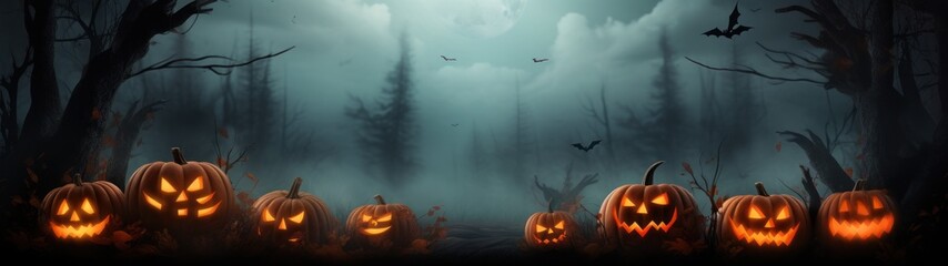 Grinning pumpkins in the moonlight - a spooky, carved celebration with a haunted, foggy background. - obrazy, fototapety, plakaty