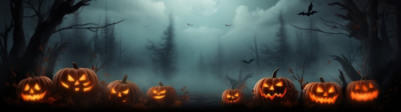 Grinning pumpkins in the moonlight - a spooky, carved celebration with a haunted, foggy background.