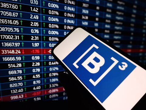 Konskie, Poland - February 05, 2024: B3 SA company logo displayed on mobile phone