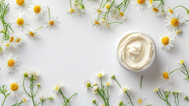 Cream made of chamomile flowers set over a white backdrop with flowers and space, Generative AI.